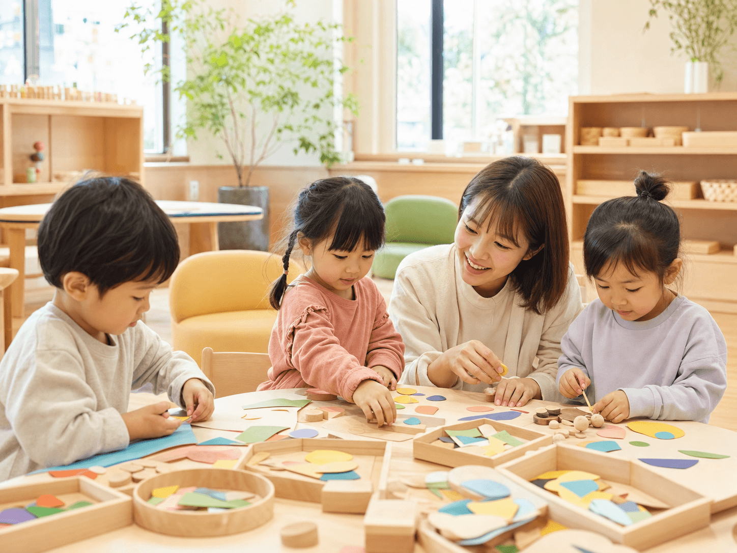 明るい室内で製作活動を楽しむ子どもたちのイメージ