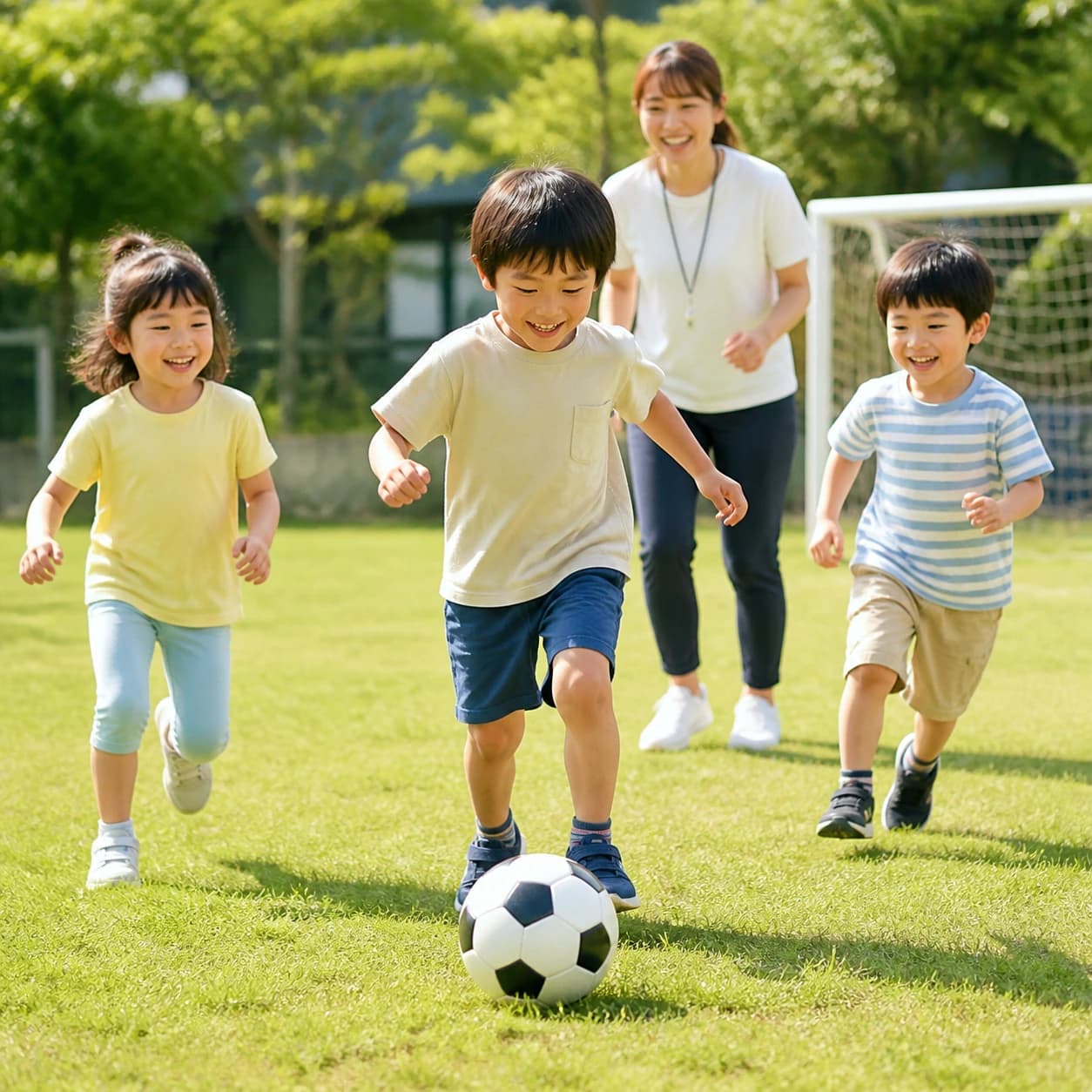 スタッフに見守られながら子どもたちがサッカーボールを追いかける活動イメージ